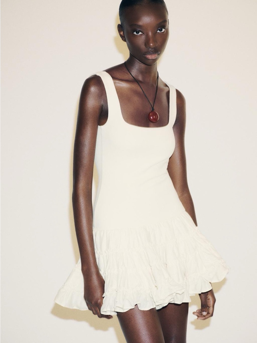 ZARA Cream Ribbed Knit Drop Waist Tiered Ruffle Mini Dress Small Balletcore